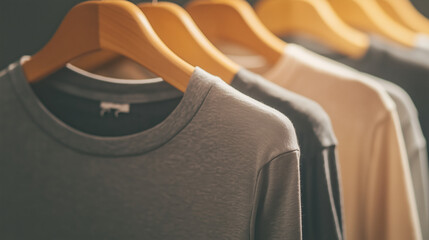 T-shirts on hangers in a clothing store.
