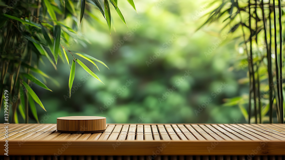 Aufkleber empty wooden product display table with oriental bamboo background