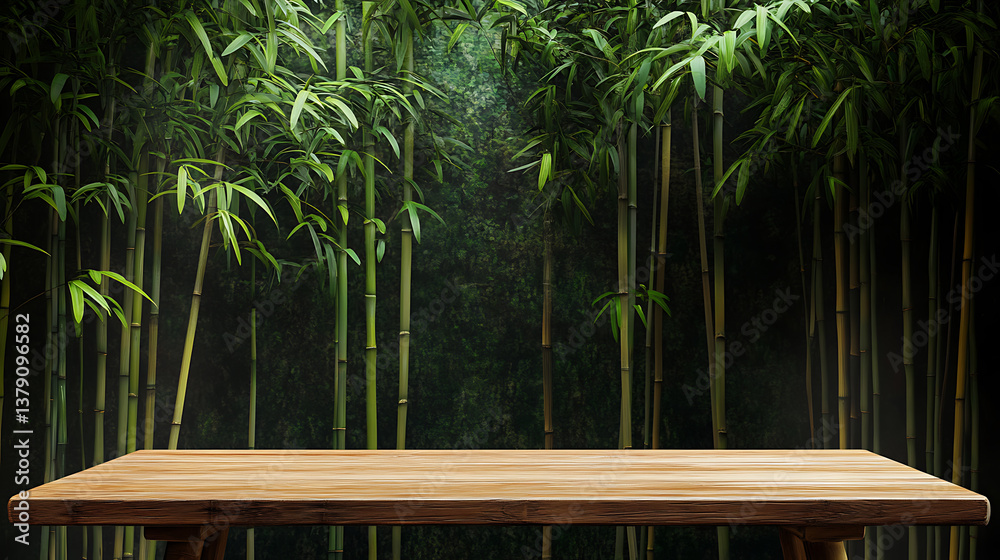 Poster empty wooden product display table with oriental bamboo background
