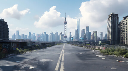 Obraz premium Shanghai cityscape with empty road and skyline in the distance