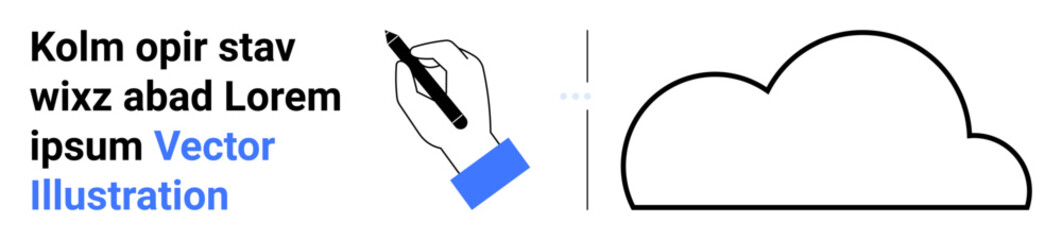 Hand holding a pen writing text next to a simple cloud outline. Ideal for creativity, writing, cloud computing, brainstorming, innovation, education, simple landing page