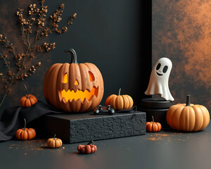 playful halloween scene with jack-o'-lantern and ghost