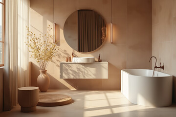 modern minimalist bathroom with white freestanding tub and beige accents