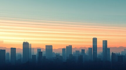 Fototapeta premium Silhouettes of urban skyscrapers with horizontal streaked clouds illuminated by early dawn light