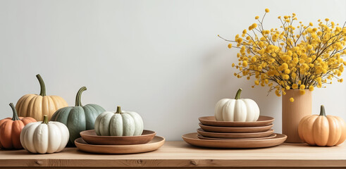 five pumpkins and yellow flowers on a wooden table