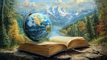 Exploring knowledge and geography a vivid globe on a classic book against a world map symbolizing education travel and global awareness