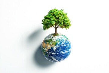A lush green tree stands majestically atop a detailed Earth globe, symbolizing environmental preservation and global sustainability.