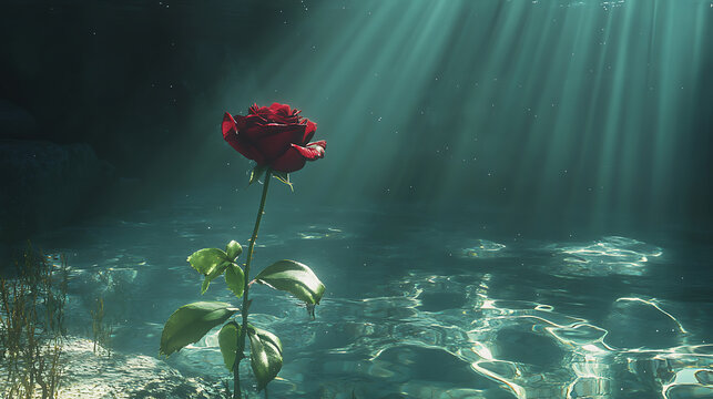 Single red rose growing under water, 32k uhd, caustics, light rays, flower in water, red rose in the water, wallpaper