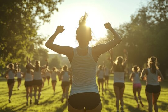 Team cheering woman running in sunny park