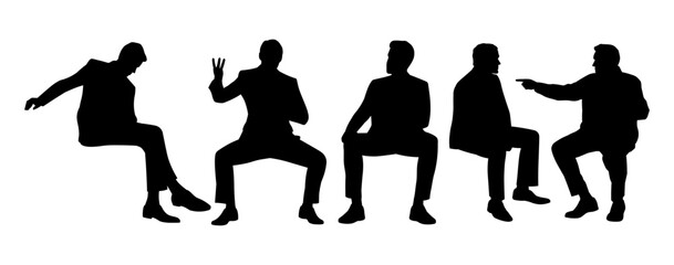 Group of silhouetted men seated in various poses during a discussion at an office setting