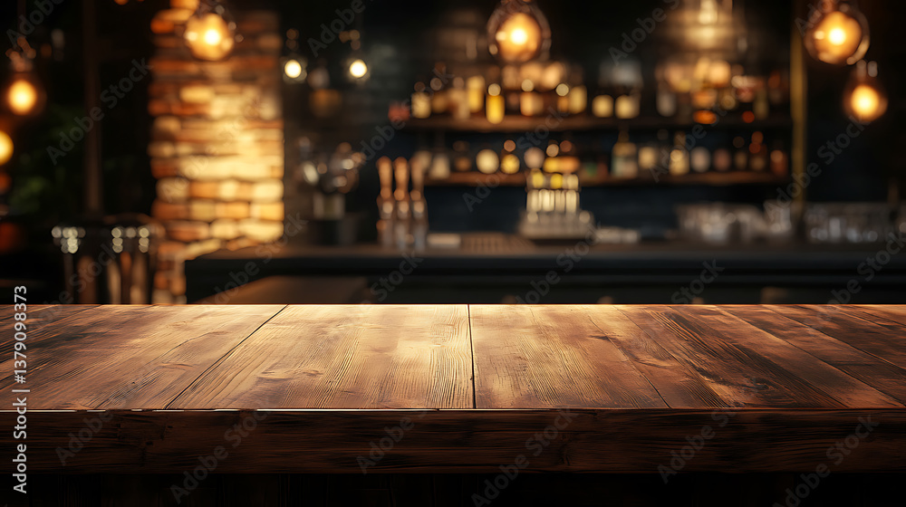 Poster An empty wooden counter table top for product display in a pub or bar