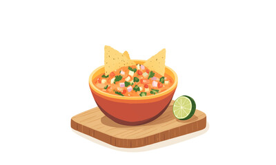 A bowl of fresh salsa with tomato, onion, cilantro, and lime juice served with tortilla chips on a wooden cutting board.