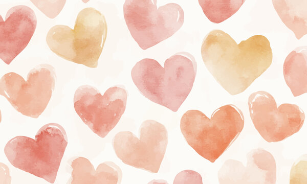 Pattern of watercolor heart illustrations in soft pastel shades, organic brushstrokes adding warmth and charm
