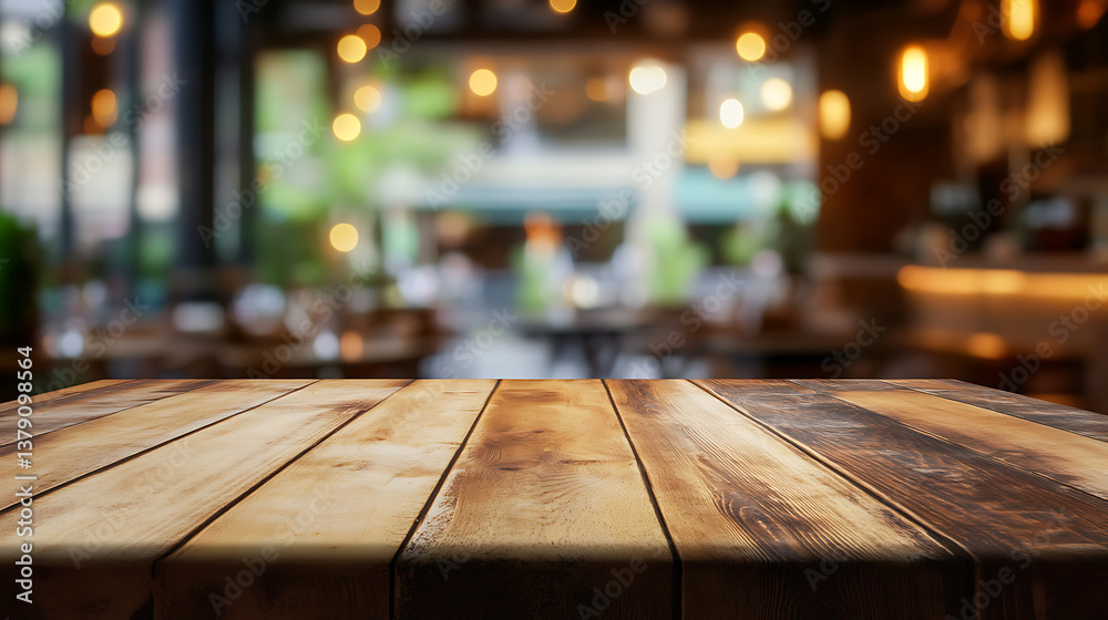 Poster an empty wooden table with a blurred restaurant interior in the background, displaying a warmth and 