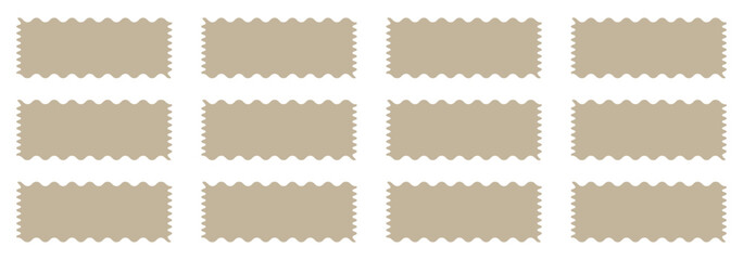 Zig zag wavy shape frames. Vector rectangular and round abstract clouds, flowers and text boxes. Scallop edge kids geometric stamps. Flat jagged oval shapes set. Groovy kids graphic wiggly backgrounds