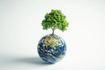 A lush green tree stands atop a detailed Earth globe, symbolizing environmental preservation and global sustainability.