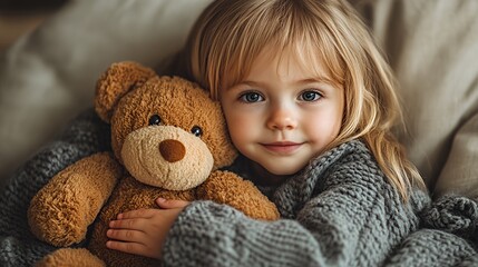 Child Expresses Love by Hugging Soft Teddy Bear While Relaxing Indoors