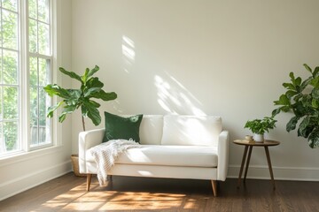 Bright living room featuring a white sofa, indoor plants, and natural light streaming through large windows in a cozy home setting