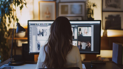 Beautiful and Creative Brunette Female Video Editor Works with Footage on Her Personal Computer with Big Display. She Works in a Cool Office Loft.