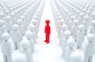 Faceless red silhouette of a man against a faceless white mass of people. Social society.