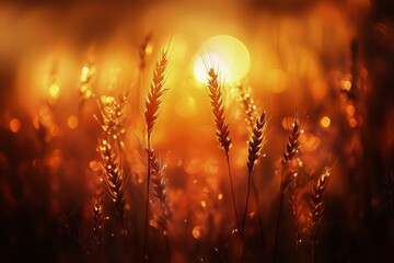Golden Wheat Field at Sunset With Glowing Sunlight and Soft Bokeh Effects in the Background