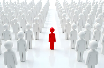 Faceless red silhouette of a man against a faceless white mass of people. Social society.