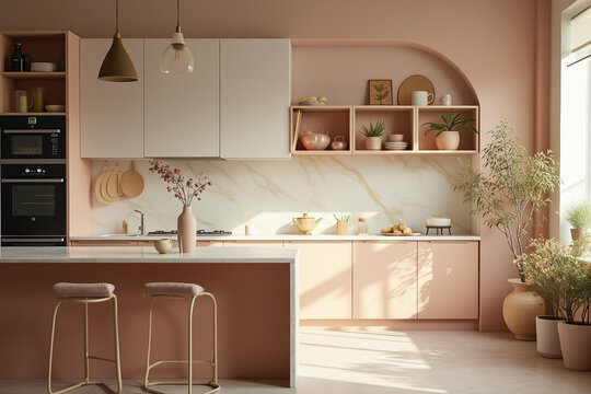 modern kitchen with blush pink cabinets white quartz countertop and potted plants