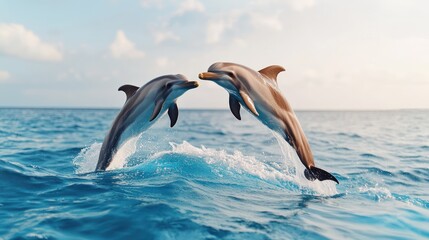 Two dolphins leaping out of water