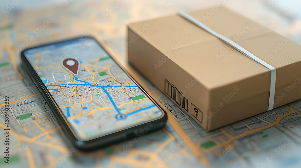 Poster An online logistics concept shows tracking delivery of an order in an app on your phone, it shows location of the courier on a map on your phone's display, a shipping box is displayed with the