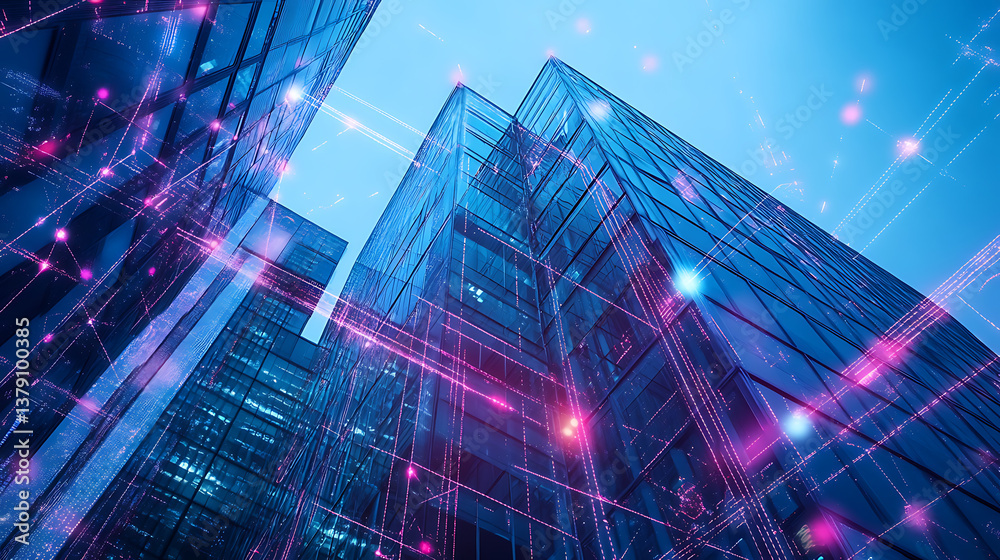 Poster an office building, surrounded by digital connections and data points