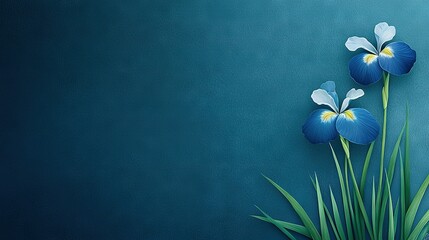 Naklejka premium Three blue flowers against a blue background with lush green grass and a prominent green plant in the foreground