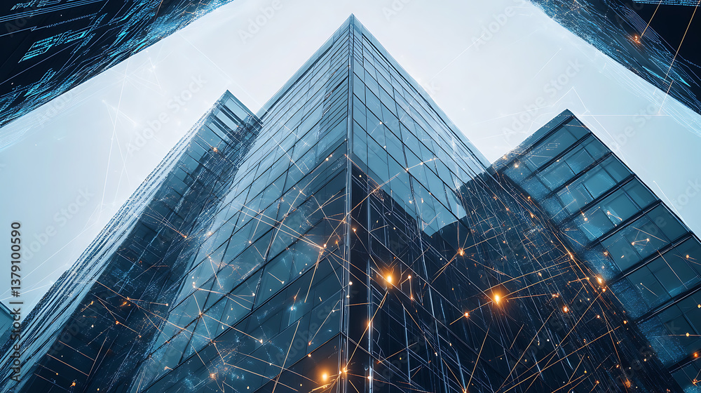 Poster an office building, surrounded by digital connections and data points