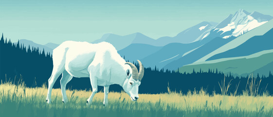 Wild mountain goat grazing on grassy meadow