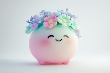Cute pastel-colored character with a flower crown, smiling happily.