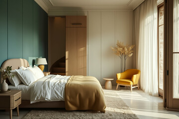 Obraz premium sunlit bedroom with mustard yellow throw and teal walls