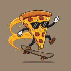 cool pizza slice character performing an epic skateboard trick in mid-air, fun and dynamic solid color vector illustration