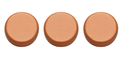 Three wooden circular tokens arranged in a straight line on a black background, ideal for games, crafts, education, and creative projects