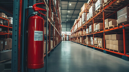 Apparatus for fire safety, inside the warehouse, a large red fire extinguisher, large fire extinguisher in storage room, storage shelves with boxes in the distance, flame-retarding apparatus