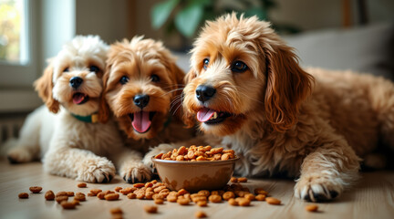 Fototapeta premium three adorable fluffy puppies enjoying a meal together