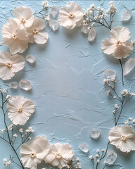 mock up background for product placement greeting card Ariel view of a table top clear surface with minimal soft pastel coloured compliments and crystals to fr