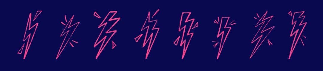 Pink outline Lightning drawn electric energy flash. Hand-sketched thunder bolt doodle icon. Flat vector illustration isolated