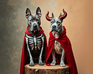two dogs dressed as a skeleton and devil for halloween
