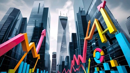 Business management data and economic indicator. Financial and statistical information. Many graphs and charts on background of tall buildings.
