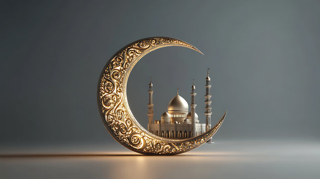 Arabic islamic calligraphy of wish (dua) kullu am wa antum bikhair (may you be well every year), 3d render of exquisite crescent moon with mosque on gray background