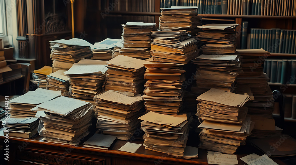 Poster Stacks of paperwork and charts on a library desk