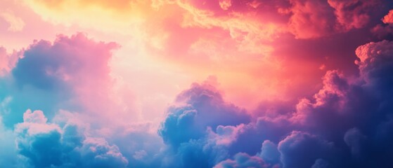 A dramatic sky with vivid clouds in shades of pink, orange, and blue, evoking a mystical sunset or sunrise ambiance.