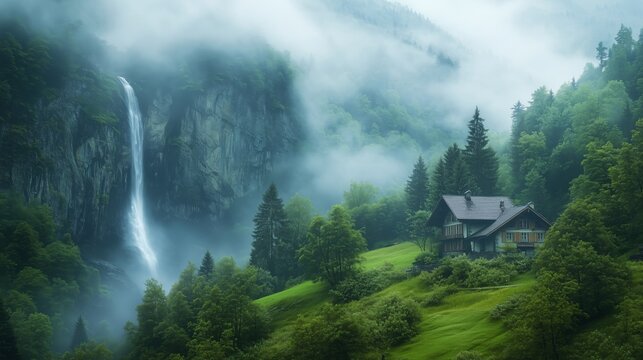 Serene mountain landscape with waterfall and cabin in misty forest scene - Powered by Adobe