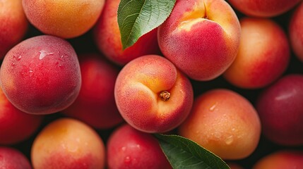   A single peach atop a pile of ripe peaches, with a leaf resting on top