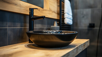 Stylish black vessel sink and faucet on wooden countertop, interior design of modern bathroom