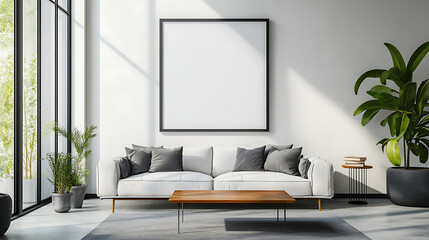 Fototapeta premium Front view on bright living room interior with empty poster